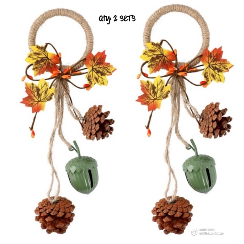 Set of 2- GREEN- 🍁 Door Knob Hangers w/ Pinecones & Acorn Bells